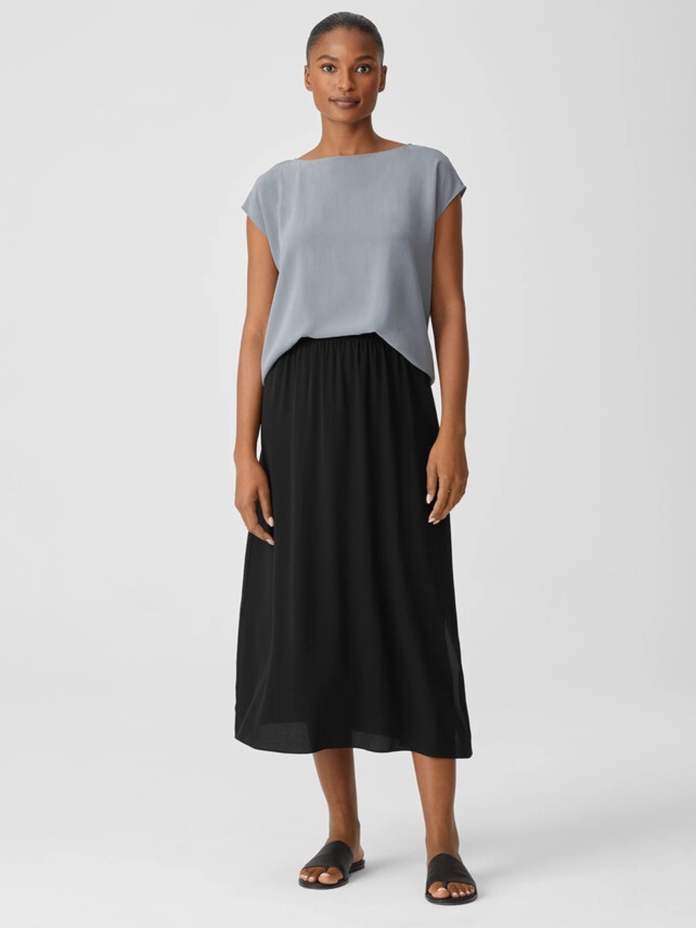 Eileen Fisher Black Midi Silk Slip On Skirt A-Line Silhouette Petite Large